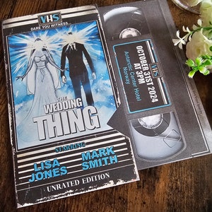 Personalised 80&#39;s Halloween Sci-Fi Horror Movie VHS Tape Inspired Wedding Invite, Invitation, RSVP, Save the Date & Guest Information