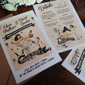 Personalised Retro Mans Ruin Tattoo Wedding Invite, Invitations, Save The Date card, Guest information card, RSVP Postcard