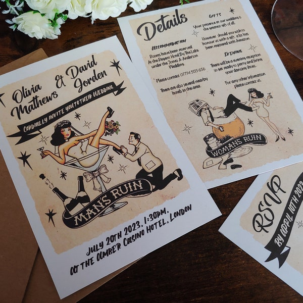 Personalised Retro Mans Ruin Tattoo Wedding Invite, Invitations, Save The Date card, Guest information card, RSVP Postcard