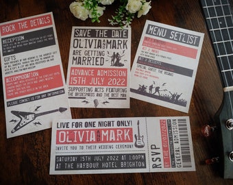 Personalised Rock Concert, Gig Ticket Wedding Invite, Invitations, Save The Date card, Guest information card, RSVP & Wedding Menu