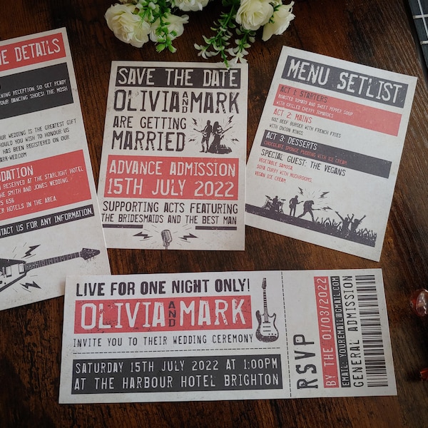 Personalised Rock Concert, Gig Ticket Wedding Invite, Invitations, Save The Date card, Guest information card, RSVP & Wedding Menu