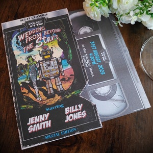 Personalised Retro Sci-Fi, B-Movie VHS Tape Inspired Wedding Invite, Invitation, RSVP & Guest Information with envelopes.