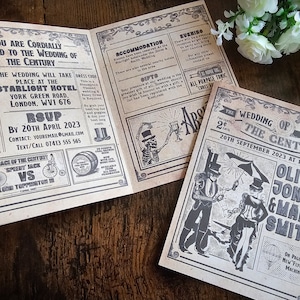Personalised Folding Vintage Style Steampunk Wedding Invite, Invitation, RSVP & Guest Information