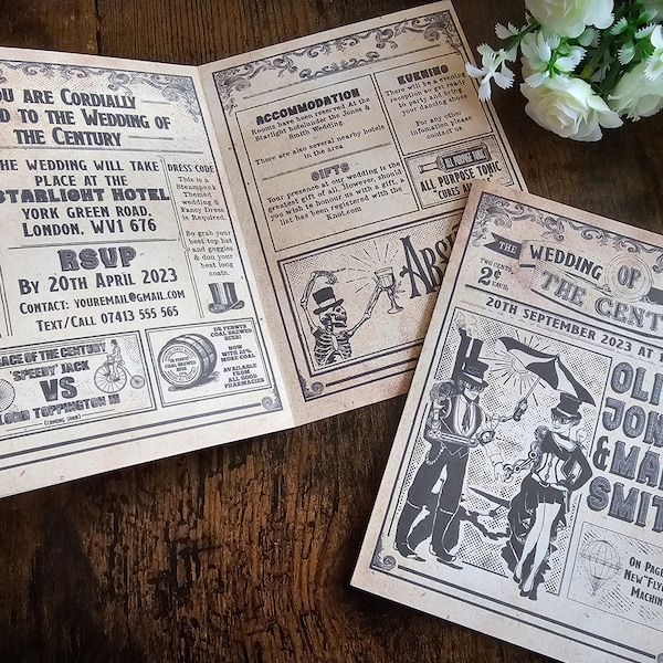 Personalised Folding Vintage Style Steampunk Wedding Invite, Invitation, RSVP & Guest Information