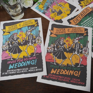 Impression personnalisée du jour des morts rétro, faire-part de mariage Calavera, faire-parts, carte « Save The Date », carte d'informations sur les invités, carte postale RSVP