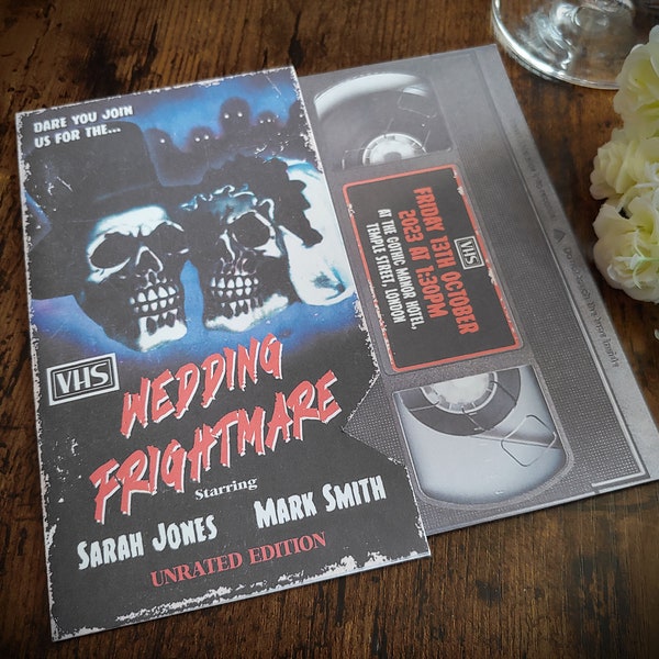 Personalised 80's Horror Movie VHS Tape Inspired Wedding Invite, Invitation, Save The Date, RSVP & Guest Information with envelopes.