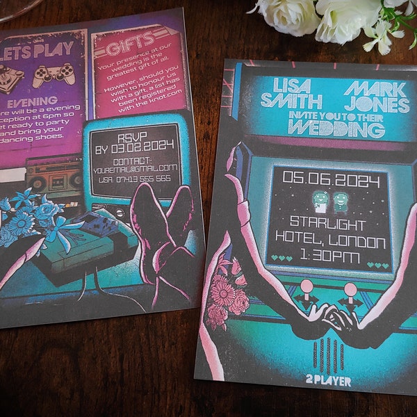 Personalised 80's Retro Arcade, Video Game Wedding Invite, Invitation, RSVP, Save the Date Card