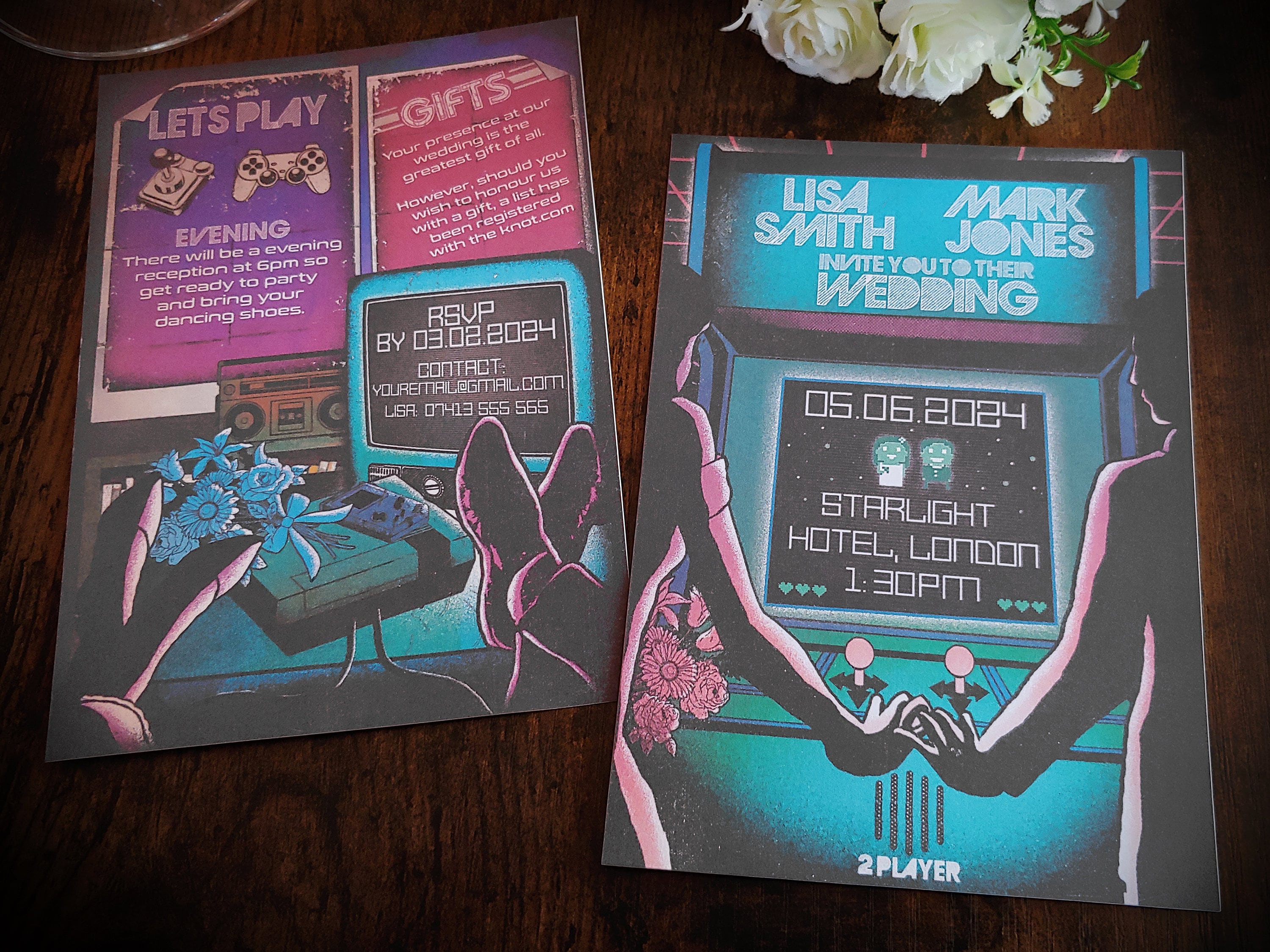 Personalised 80's Retro Arcade, Video Game Wedding Invite, Invitation, RSVP, Save the Date Card