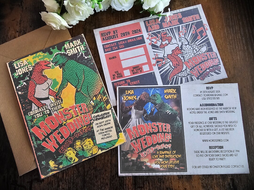 Personalised Kaiju Monster Movie Poster Wedding Invite, Invitations ...