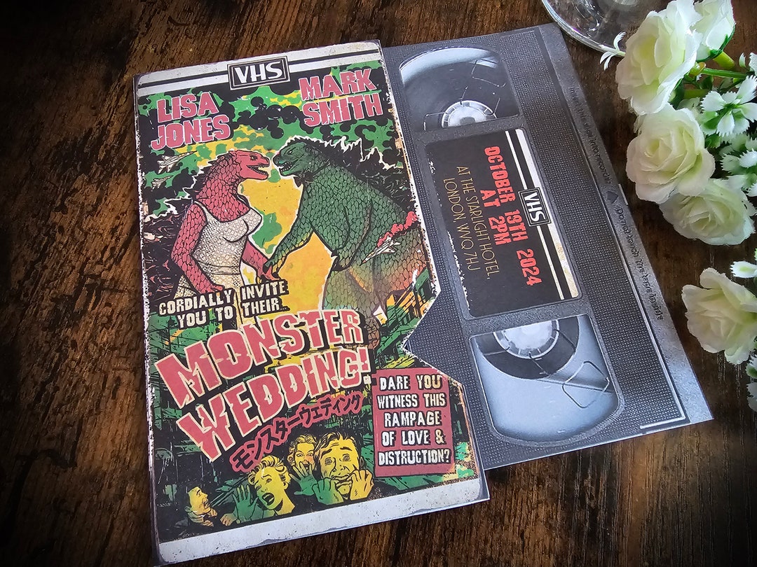 Personalised Retro Kaiju Monster Movie VHS Tape Inspired Wedding Invite ...