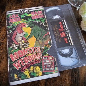 Personalised Retro Kaiju Monster Movie VHS Tape Inspired Wedding Invite, Invitation, RSVP & Guest Information with envelopes.