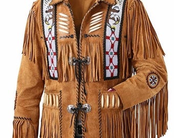 Veste en daim à franges pour hommes faite main : manteau de cow-boy orné de perles de l'ouest