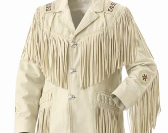 Veste de cow-boy western en daim crème à franges pour hommes – Native Beaded Ranch Wear