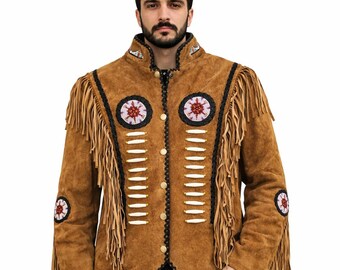 Veste en daim marron à franges pour homme faite à la main, manteau de cowboy amérindien en cuir perlé occidental