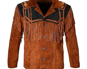 Men's Brown Suede Fringe Jacket, Western Cowboy Tassel Coat, Native Style Ranch Wear