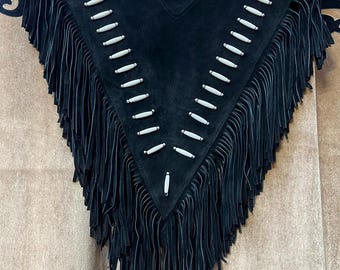 Black Suede Fringe Poncho | Native Inspired Western Shawl, Boho Festival Wrap