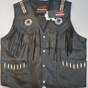 Handmade Black Leather Fringe Vest | Western Beaded Unisex Cowboy Motorcycle Waistcoat