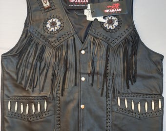 Handmade Black Leather Fringe Vest | Western Beaded Unisex Cowboy Motorcycle Waistcoat