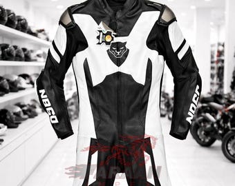 Traje de carreras de cuero para motocicleta hecho a mano, negro y blanco