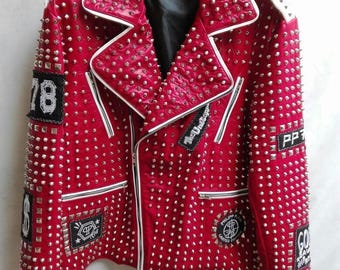 Rote Nieten Leder Punk Jacke: Handgemachter Heavy Metal Biker Mantel