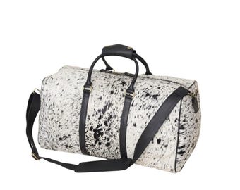 Sac de sport en cuir de vachette fait main : sac de voyage de week-end en cuir avec poils, sac de voyage western de nuit