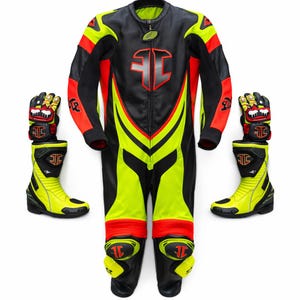 May include: A black, neon yellow, and red motorcycle racing suit, gloves, and boots. The suit has a zipper closure and a logo on the chest. The gloves have a graphic design, and the boots are neon yellow with black accents.