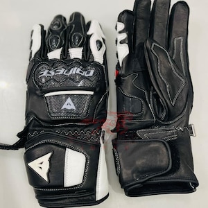 Dainese Style Leather Motorcycle Gloves Black White Racing Biker Gloves for Men with Carbon Knuckle Protection