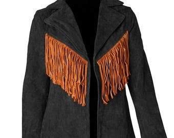 Veste western noire en daim à franges | Manteau style cow-girl fait main