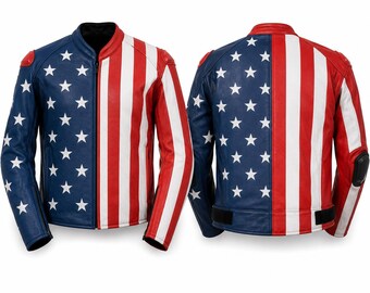Blouson en cuir de style course drapeau américain fait main pour homme Blouson de motard pour homme inspiré du design de sport automobile