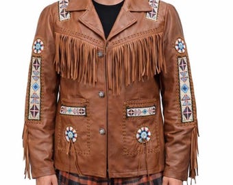 Veste en daim marron faite main à franges : style cow-boy western pour hommes