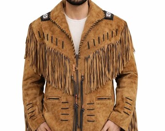 Handgefertigte braune Wildleder Fransen Jacke im Western Cowboy Stil