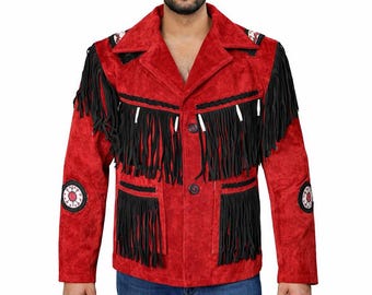 Veste à franges en daim rouge faite main : manteau en cuir de cowboy avec perles western