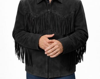 Veste en daim noire à franges pour homme - Manteau western en cuir de cowboy