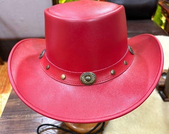 Chapeau de cowboy en cuir rouge, style western fait main, bord large, tenue ranch unisexe de l'outback