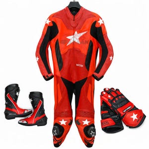 May include: A red and black motorcycle racing suit with matching boots and gloves. The suit has white star details and the word "MATRIX". The gloves are labelled "GP PRO".