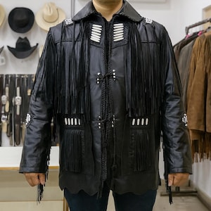 Men&#39;s Handmade Black Leather Fringe Jacket | Western Cowboy Bone Coat