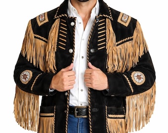 Veste western en daim noir à franges pour homme - manteau cowboy rodéo vintage