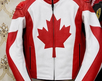 Blouson en cuir fait main de style course avec drapeau du Canada pour hommes Blouson de motard pour homme inspiré du design de sport automobile
