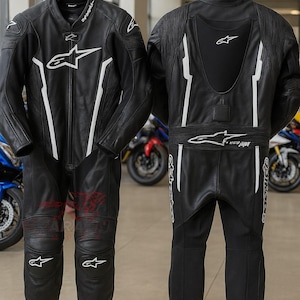 Black Leather Motorcycle Racing Suit Alpinestars Inspired CE Protected One Piece Biker Suit