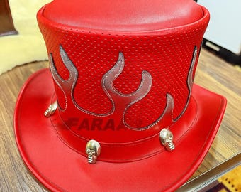 Red Leather Flame Top Hat: Gothic Steampunk Skull Studded Hat