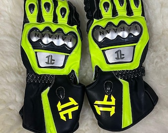 Handgefertigte Leder Motorrad Handschuhe, Neon Grün Biker Racing Handschuhe