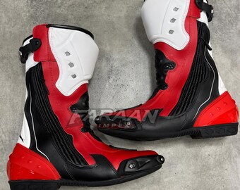 Hand Made Red Motorcycle Racing Leather Riding Boots Men Sport Bike Protective Moto Gear