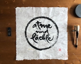 Enso Zen Circle Art | "Atme und Lächle" Calligraphy, Handmade