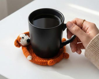 Amigurumi Dog Mug Coaster Hand Crocheted Orange Cotton Yarn 12cm Circular Drink Coaster