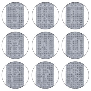 May include: Nine round, silver-colored, decorative coasters with a delicate, intricate, woven pattern.