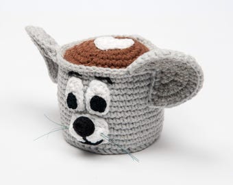 Crochet Mouse Coffee Cup Amigurumi | Gray Handmade Yarn Decor Gift