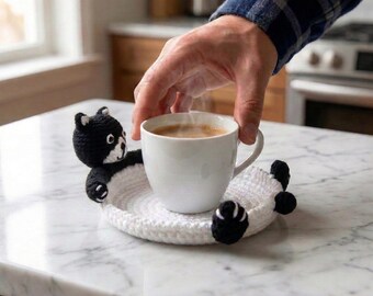 Cat Coaster Black and White Cotton Amigurumi Mug Rug