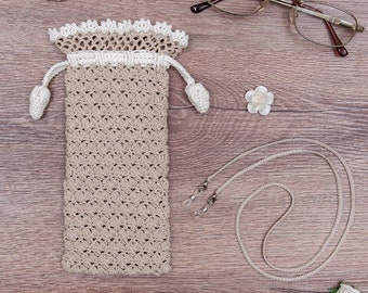 Crochet Case With Handmade Lace Trim and Glass Strip Set, Pouch With Color Options, Lace Trimmed Edge, Seamless Texture, Pen Case