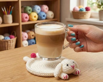 Amigurumi Bunny Coaster, Hand-Crocheted White Cotton Yarn, Small Oval Animal Tray