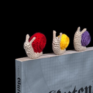 crochet handmade amigurumi snail bookmark for booklovers, cute cottagecore animal plushie gift ideas